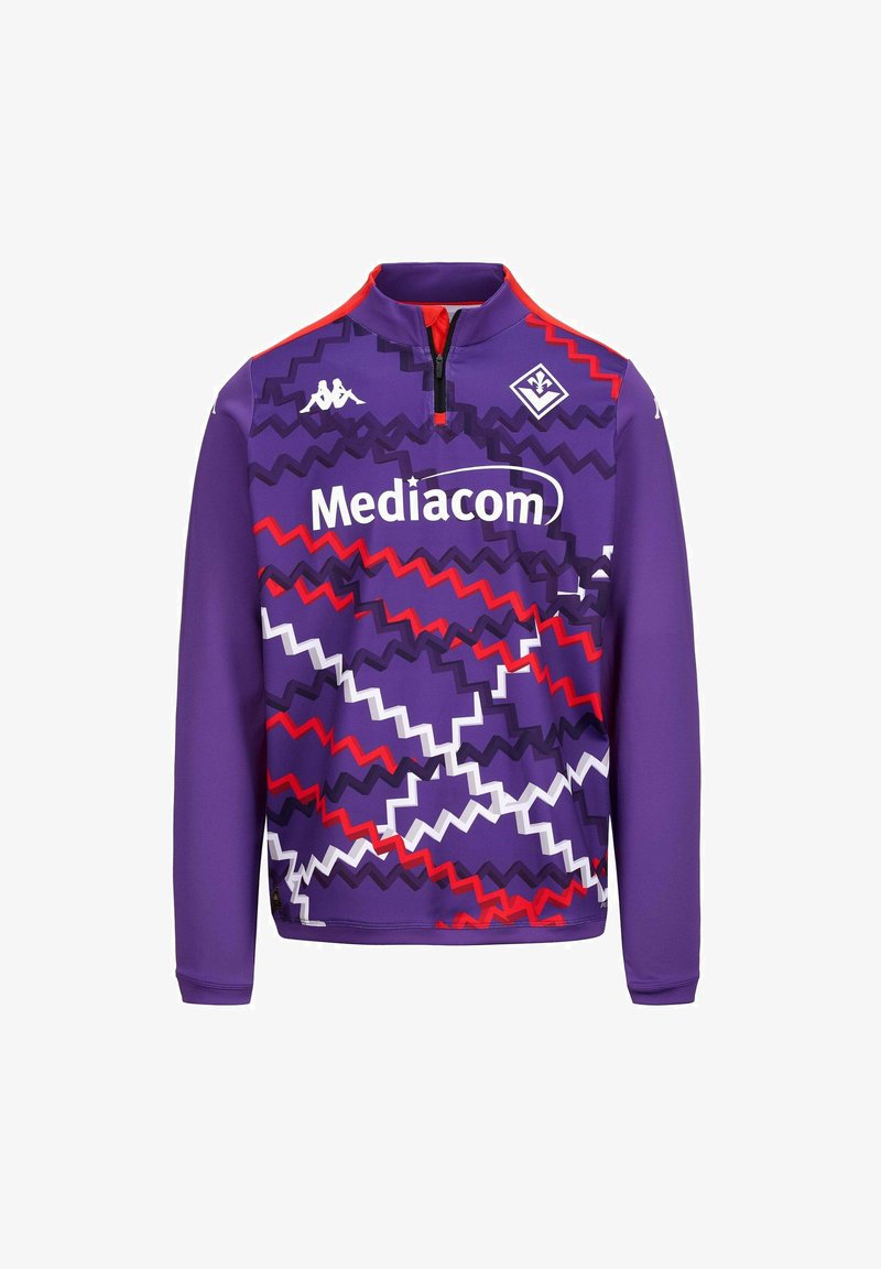 Pullover viola con design a metà zip. Presenta motivi a zigzag in rosso, bianco e viola scuro. Logo e testo "Mediacom" sul davanti.