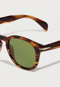 Γυαλιά ηλίου καμέλια με στρογγυλούς πράσινους φακούς και διακριτές ασημένιες λεπτομέρειες στα χερούλια του σκέλους, παρουσιασμένα σε απλό φόντο.