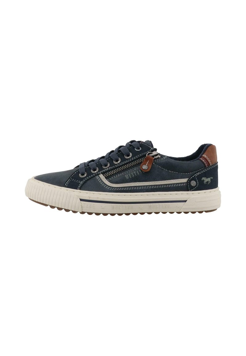 Sneaker in canvas navy con suola in gomma, dettagli beige, cuciture a zigzag, occhielli in metallo e zip laterale. Tallone rinforzato con logo.