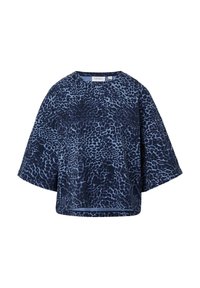 Navyblaue oversized Bluse mit einem Leopardenmuster. Kurze Ärmel und ein runder Halsausschnitt, aus weichem Stoff gefertigt, mit lockerer Passform.