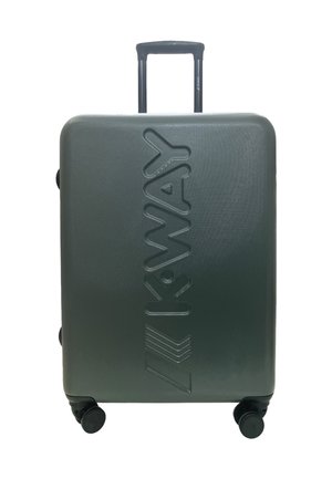 Valigia rigida di colore verde scuro con superficie goffrata, logo "KWAY" in rilievo, manico telescopico e quattro ruote nere per la mobilità.