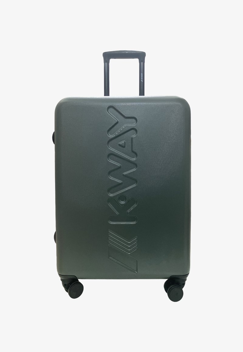 Valigia rigida di colore verde scuro con superficie goffrata, logo "KWAY" in rilievo, manico telescopico e quattro ruote nere per la mobilità.