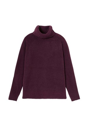 Pull en maille à col roulé de couleur violet profond, avec une texture côtelée au niveau du col, des poignets et de l'ourlet. Coupe décontractée et manches longues.