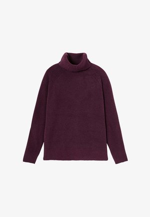 Pull en maille à col roulé de couleur violet profond, avec une texture côtelée au niveau du col, des poignets et de l'ourlet. Coupe décontractée et manches longues.