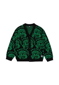 Cardigan nero con motivo testa di leone verde, scollo a V, maniche lunghe e bottoni frontali. Presenta un'etichetta con il logo del brand nella parte bassa anteriore.