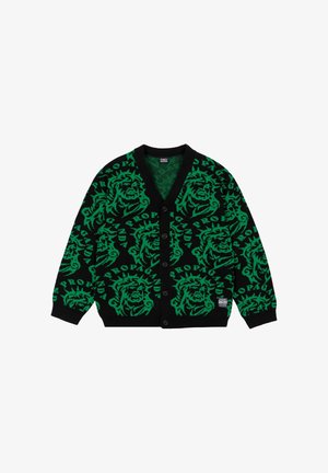 Cardigan nero con motivo testa di leone verde, scollo a V, maniche lunghe e bottoni frontali. Presenta un'etichetta con il logo del brand nella parte bassa anteriore.