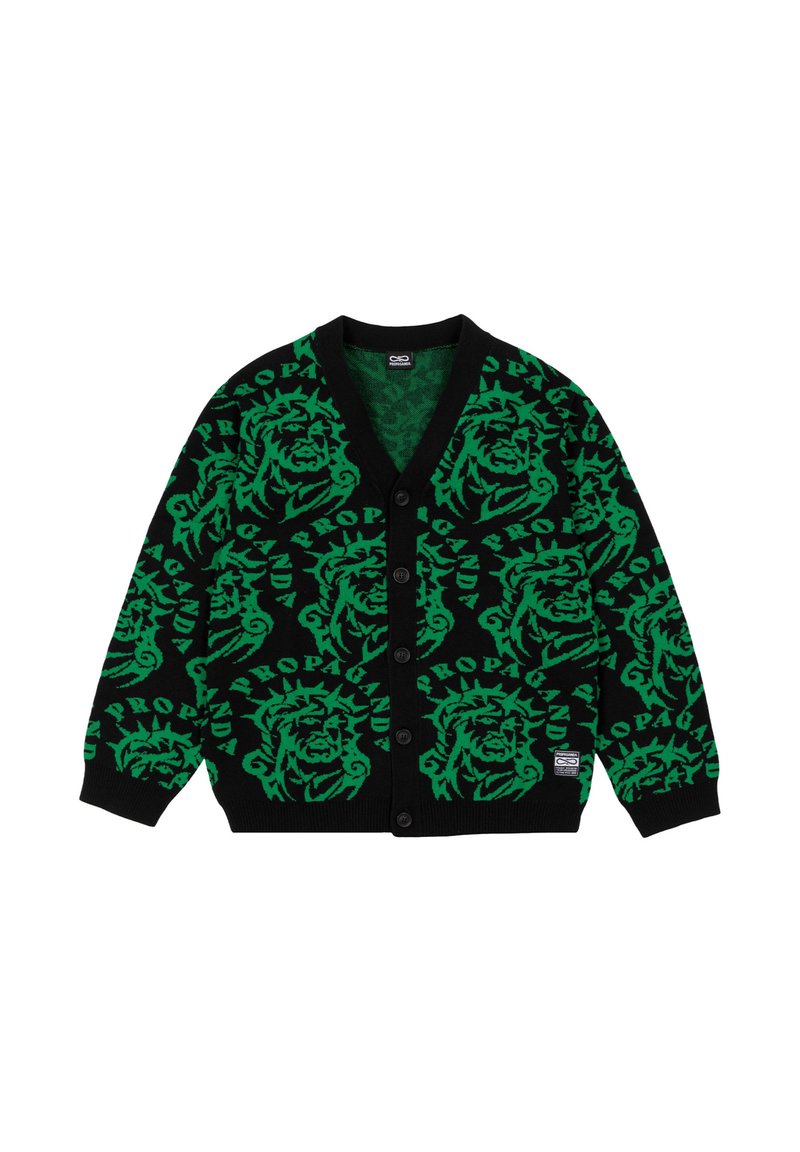 Cardigan nero con motivo testa di leone verde, scollo a V, maniche lunghe e bottoni frontali. Presenta un'etichetta con il logo del brand nella parte bassa anteriore.