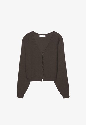 Brown knit cardigan featuring a V-neckline and long sleeves. Front button closure with contrasting buttons. Cropped design and ribbed cuffs.