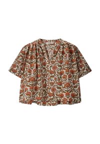 Locker sitzende Bluse mit kurzen Ärmeln im Blumenmuster in Orange- und Grüntönen auf einem cremigen Hintergrund, mit einem V-Ausschnitt und Raffungselementen.