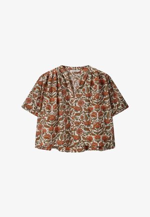 Blouse ample à manches courtes avec un motif floral aux teintes orange et verte sur fond crème, présentant un col en V et des détails froncés.