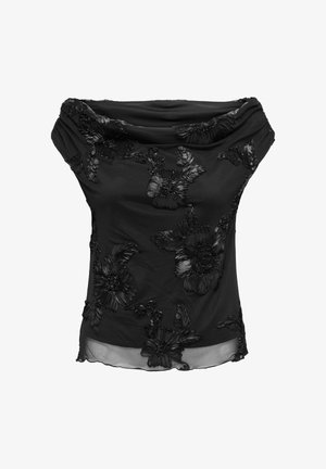 Sort off-shoulder bluse lavet af letvægtsstof, med tekstureret blomsterbroderi over hele og en draperet halsudskæring.