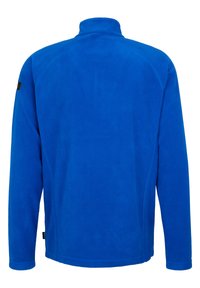 Blaues Fleece-Jacke mit hohem Kragen, langen Ärmeln und glatter Textur. Verfügt über Nähdetails und ein kleines Markenlogo am Ärmel.