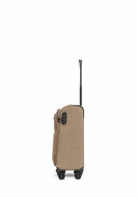 Valigia rigida a rotelle in tessuto beige con finitura texturizzata, manico retrattile e quattro ruote nere per la mobilità.
