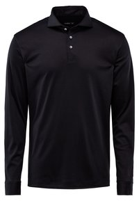 Schwarzes Langarm-Polohemd aus glattem Stoff, mit einer Knopfleiste, Kragen und Manschettenärmel.