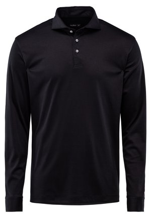 Schwarzes Langarm-Polohemd aus glattem Stoff, mit einer Knopfleiste, Kragen und Manschettenärmel.