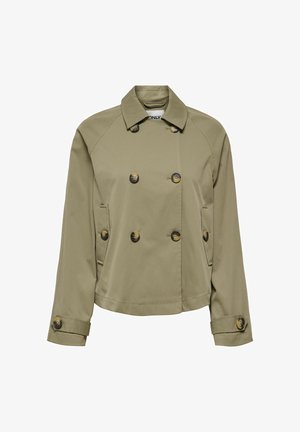 Khaki kort dobbeltradet jakke med bred krage, knappede mansjetter og sidelommer med splitt.