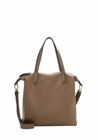 Brown leather handbag with a textured finish, dual top handles, and an adjustable shoulder strap, featuring a subtle logo on the front.