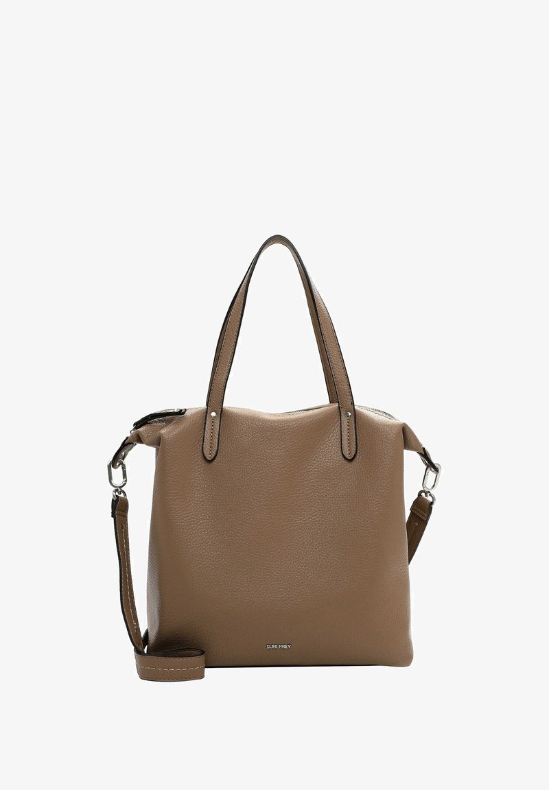 Brown leather handbag with a textured finish, dual top handles, and an adjustable shoulder strap, featuring a subtle logo on the front.