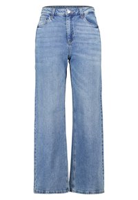 Lichtblauwe wijde spijkerbroek met een hoge taille, gemaakt van denim, met voorzakken en een knoopsluiting. Klassieke stikdetails.