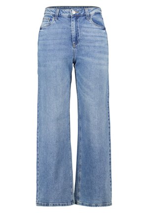 Lichtblauwe wijde spijkerbroek met een hoge taille, gemaakt van denim, met voorzakken en een knoopsluiting. Klassieke stikdetails.