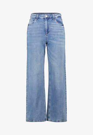 Jean large bleu clair à taille haute, en denim, avec des poches avant et une fermeture à boutons. Détail de couture classique.
