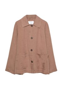 Bruine katoenen jacket met grote voorzakken, een puntige kraag en knoopsluiting. Zachte textuur met een ontspannen pasvorm en zichtbare stikseldetails.