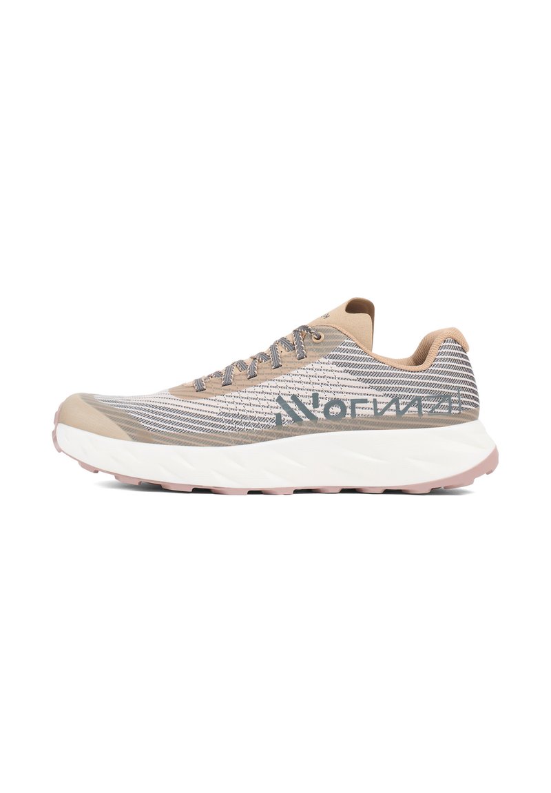 Lightweight running shoe with a beige and grey mesh upper, contrasting laces, and a white midsole accented by a pink outsole.