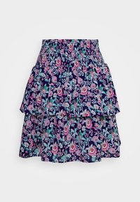 Blommig lagerkjol med resårmidja, med en mörk marinblå bakgrund, rosa och turkosa blommönster och flera volanger.