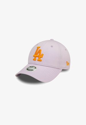 Lilac baseball cap with an embroidered orange "LA" logo on the front, a curved brim, and a New Era tag on the side.