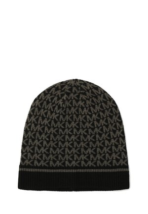 Bonnet en tricot noir et gris avec un motif répété du logo "MK" et un bord côtelé noir uni.