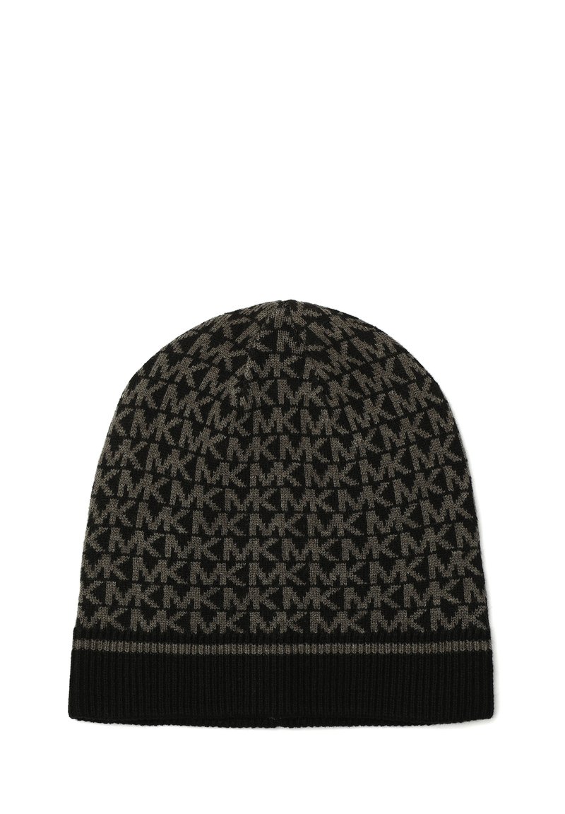 Bonnet en tricot noir et gris avec un motif répété du logo "MK" et un bord côtelé noir uni.