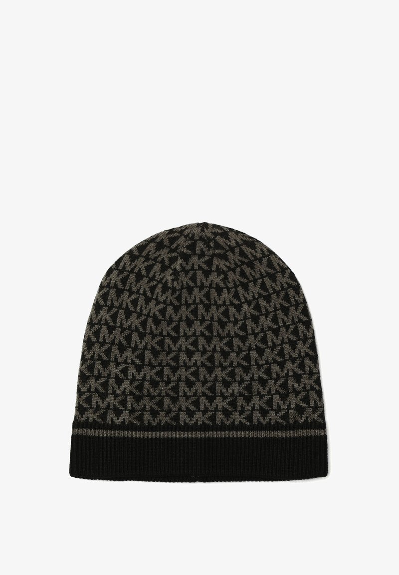Bonnet en tricot noir et gris avec un motif répété du logo "MK" et un bord côtelé noir uni.