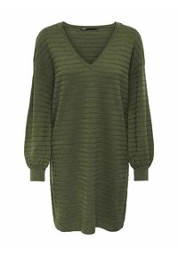 Pull vert en maille avec col en V, manches longues bouffantes et texture côtelée. Présente des rayures horizontales et des poignets élastiques.