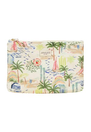 Obdĺžnikový látkový obal so zipsom, tropická plážová potlač zahŕňajúca palmami, plachetnice, plážové kreslá a štítok "Joules" uprostred.