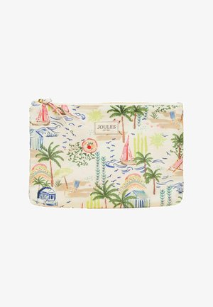 Obdĺžnikový látkový obal so zipsom, tropická plážová potlač zahŕňajúca palmami, plachetnice, plážové kreslá a štítok "Joules" uprostred.