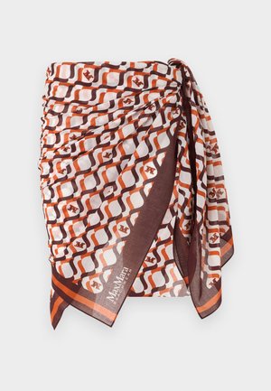 Pruunide, oranžide ja valgete geomeetriliste kujundustega rannakleit, mille nurgas on "MaxMara Beachwear" logo.