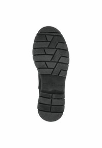 Suela de zapato de goma negra con una superficie texturizada. Presenta surcos profundos y un patrón de relieve en zigzag para una mejor adherencia y tracción. Talla 37.