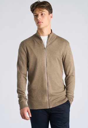 Jonge man met een bruine ritsvest over een wit shirt, staand met één hand in zijn zak tegen een effen lichte achtergrond.