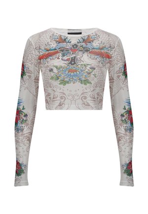 Dlouhá rukávová zkrácená košile v světle šedé barvě s barevnými grafickými vzory ve stylu tetování, zahrnující květiny, koi ryby a dekorativní spirály.