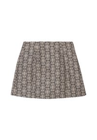 Sorte og cremefarvet mønstret nederdel med geometriske designs. Fremstillet af letvægtsstof med en udvidet form og en glat tekstur.