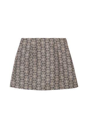 Zwarte en crèmekleurige rok met een geometrisch patroon. Gemaakt van lichtgewicht stof met een uitlopende snit en een gladde textuur.