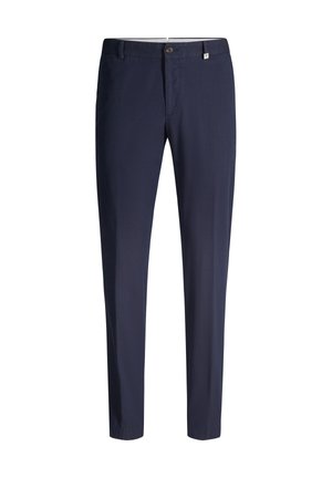 Pantalon homme bleu marine slim fit avec fermeture par bouton et zip, passants pour ceinture et design avant épuré.