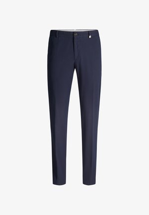 Pantalon homme bleu marine slim fit avec fermeture par bouton et zip, passants pour ceinture et design avant épuré.