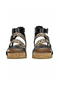 Černé a béžové sandály s leopardím vzorem, vybavené kotníkovým páskem a několika černými pásky. Platforma s korkovou strukturou.