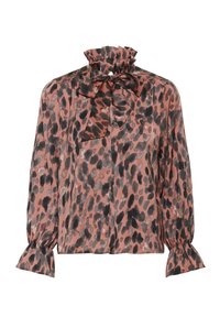 Bluse med leopardprint i nuancer af pink og sort, med en flæsekant ved kraven og lange ærmer med diskrete, rynkede manchetter. Silkeglans.