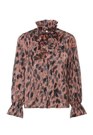 Bluza cu imprimeu leopard în nuanțe de roz și negru, cu guler cu volane și mâneci lungi cu manșete ușor strânse. Textură asemănătoare mătăsii.