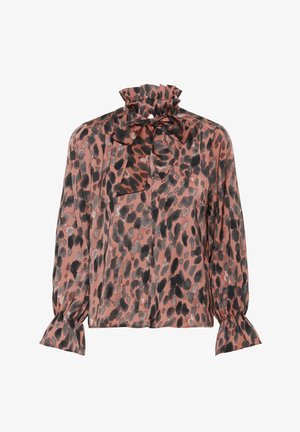 Blouse met luipaardprint in tinten roze en zwart, voorzien van een geplooide kraag en lange mouwen met subtiel gerimpelde manchetten. Zijdeachtige textuur.