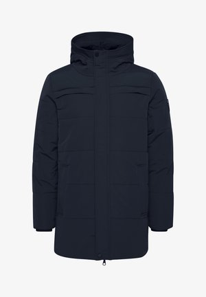 Navy blue puffer jacket with a high collar, front zipper, two side pockets, and horizontal quilted texture. Features ribbed cuffs.