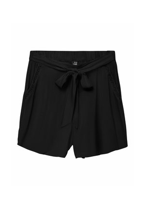 Mustat shortsit, joissa on sidottu vyötärö, sileä pinta ja sivutaskut pitsidetaililla. Yksinkertainen, suora leikkaus.