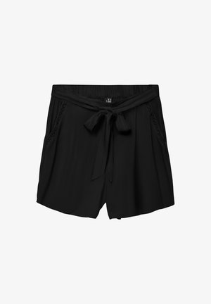 Mustat shortsit, joissa on sidottu vyötärö, sileä pinta ja sivutaskut pitsidetaililla. Yksinkertainen, suora leikkaus.